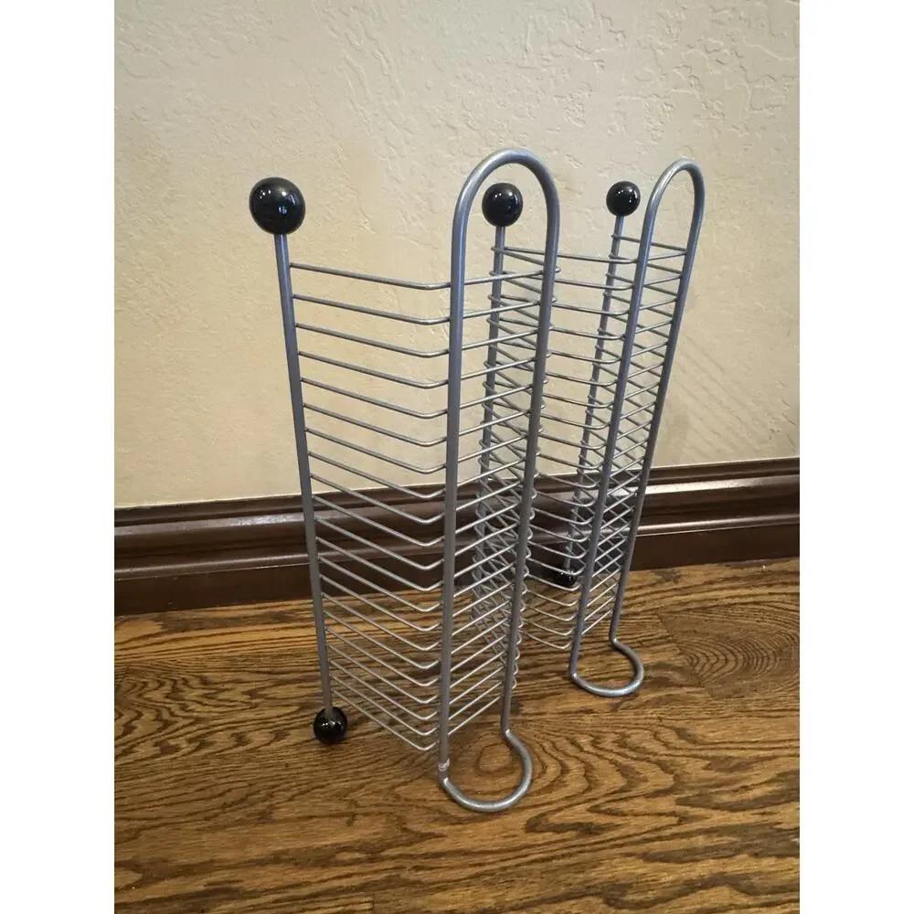 40 CD Silver Metal Black Wood Knobs Wire Media Storage Tower Rack Stand EUC VTG